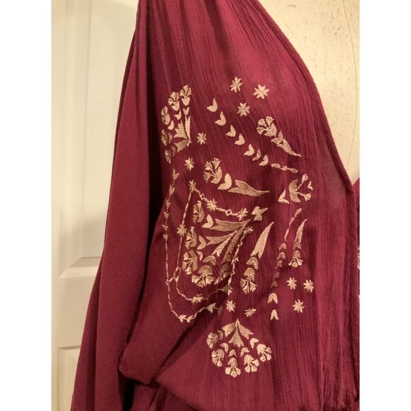 Free People Maroon Long Cold Shoulder Romper W/ Shorts & Tan Embroidery, Size S - Picture 2 of 9